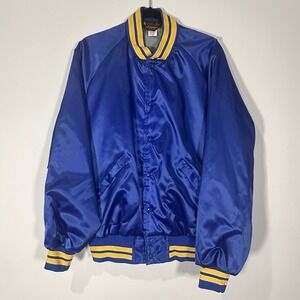 Vintage 80's Blue Satin Harrah's Reno Poker Room Bomber Jacket Men's Size XL